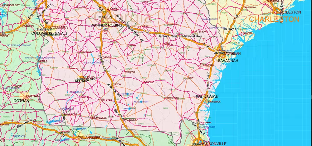 United States and Canada Vector Map main Roads Cities States Counties editable layered Adobe Illustrator