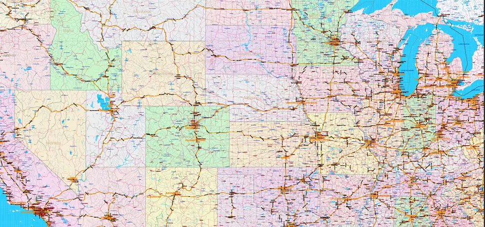 United States and Canada Vector Map main Roads Cities States Counties editable layered Adobe Illustrator