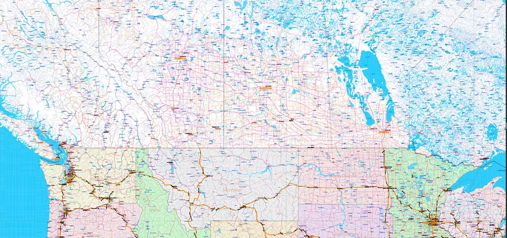 United States and Canada Vector Map main Roads Cities States Counties editable layered Adobe Illustrator