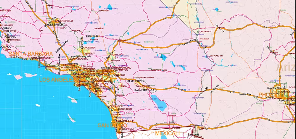 United States and Canada Vector Map main Roads Cities States Counties editable layered Adobe Illustrator
