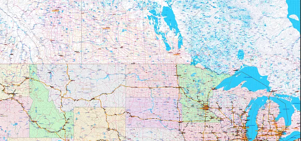 United States and Canada Vector Map main Roads Cities States Counties editable layered Adobe Illustrator