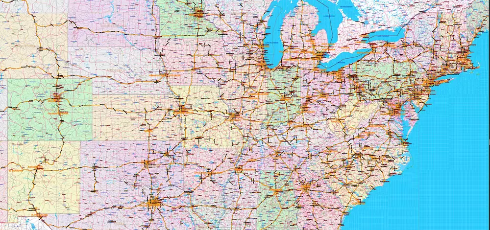 United States and Canada Vector Map main Roads Cities States Counties editable layered Adobe Illustrator