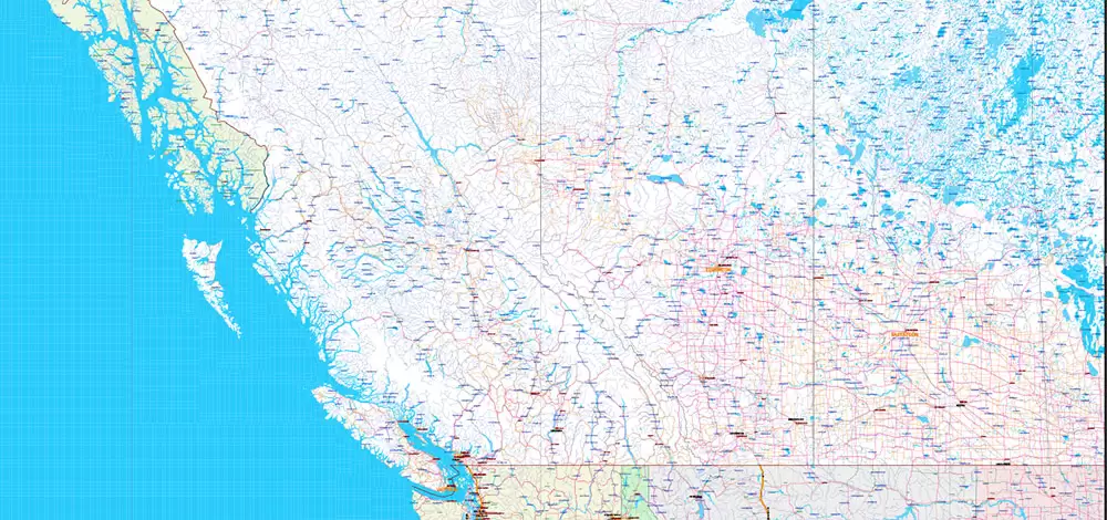 United States and Canada Vector Map main Roads Cities States Counties editable layered Adobe Illustrator