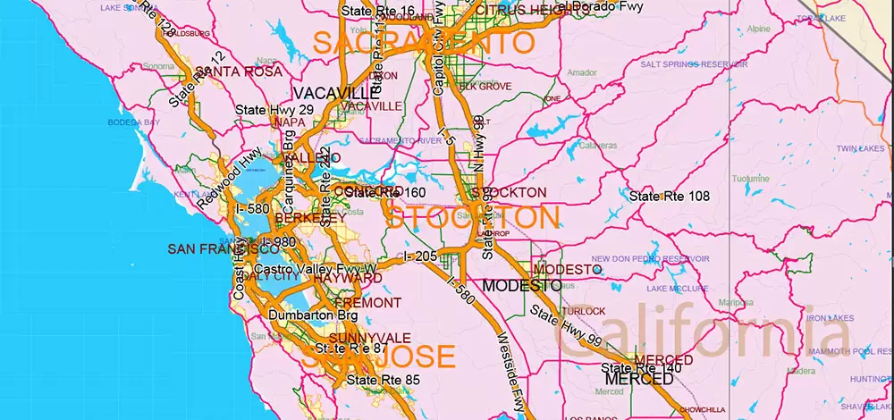 United States and Canada Vector Map main Roads Cities States Counties editable layered Adobe Illustrator