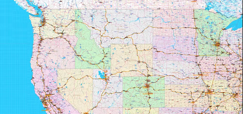 United States and Canada Vector Map main Roads Cities States Counties editable layered Adobe Illustrator