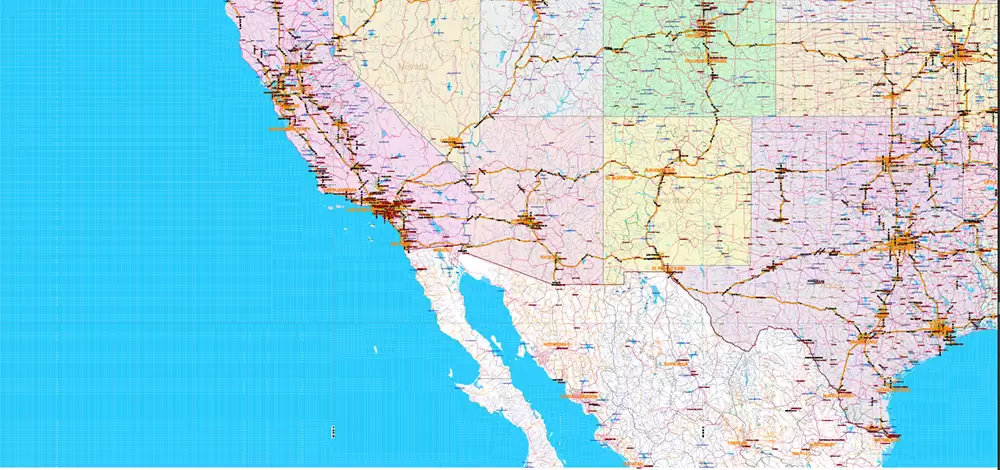 United States and Canada Vector Map main Roads Cities States Counties editable layered Adobe Illustrator
