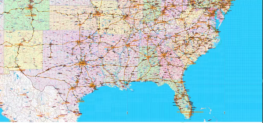 United States and Canada Vector Map main Roads Cities States Counties editable layered Adobe Illustrator