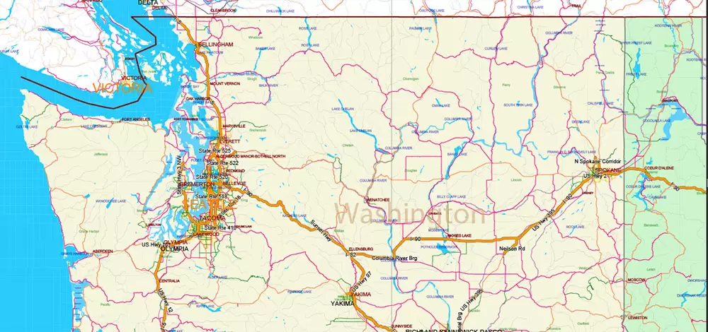 United States and Canada Vector Map main Roads Cities States Counties editable layered Adobe Illustrator