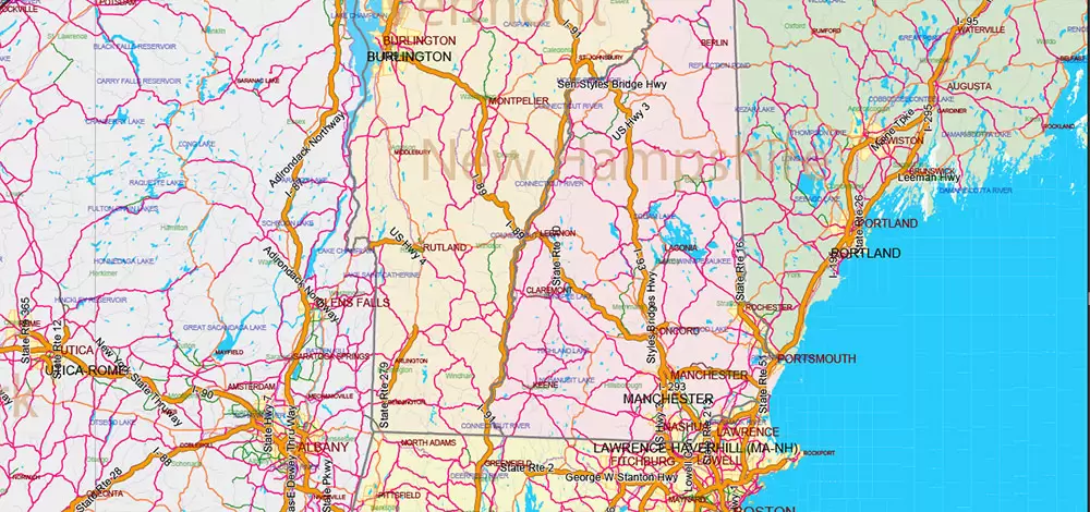 United States and Canada Vector Map main Roads Cities States Counties editable layered Adobe Illustrator
