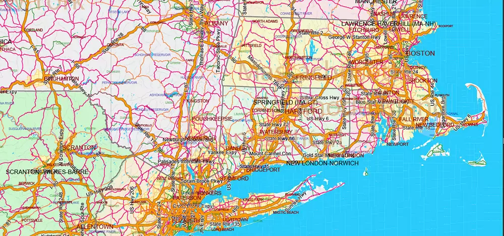 United States and Canada Vector Map main Roads Cities States Counties editable layered Adobe Illustrator