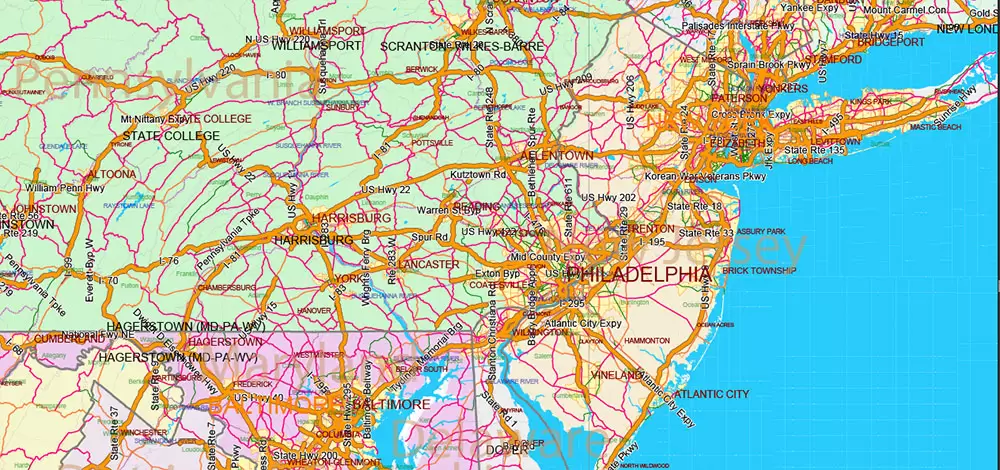 United States and Canada Vector Map main Roads Cities States Counties editable layered Adobe Illustrator