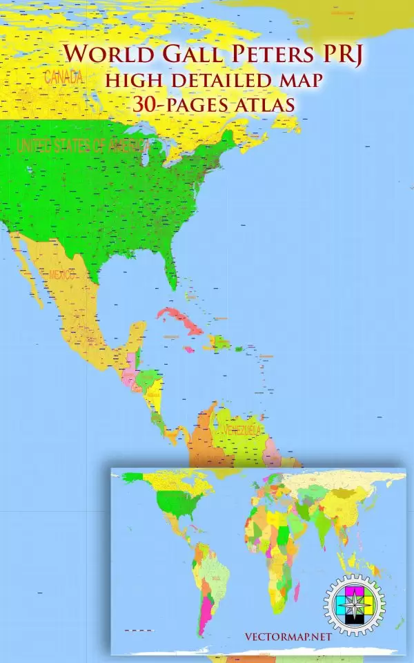 World Gall Peters Projection Detailed Road Map multi-page atlas, contains 30 pages vector PDF