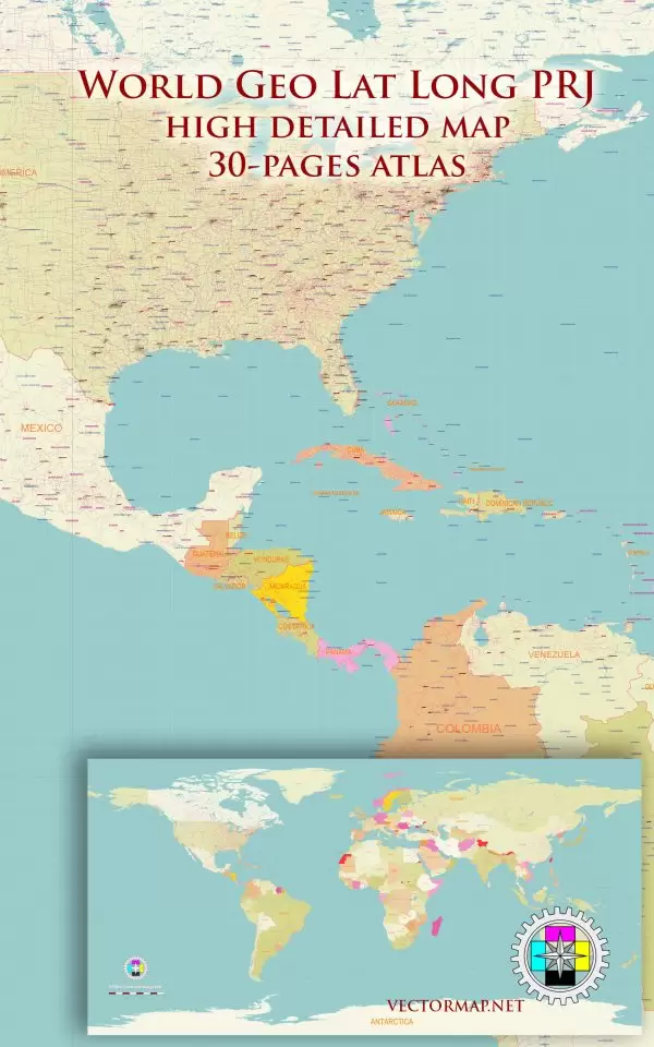 World Geo Lat Long Projection Detailed Road Map multi-page atlas, contains 30 pages vector PDF