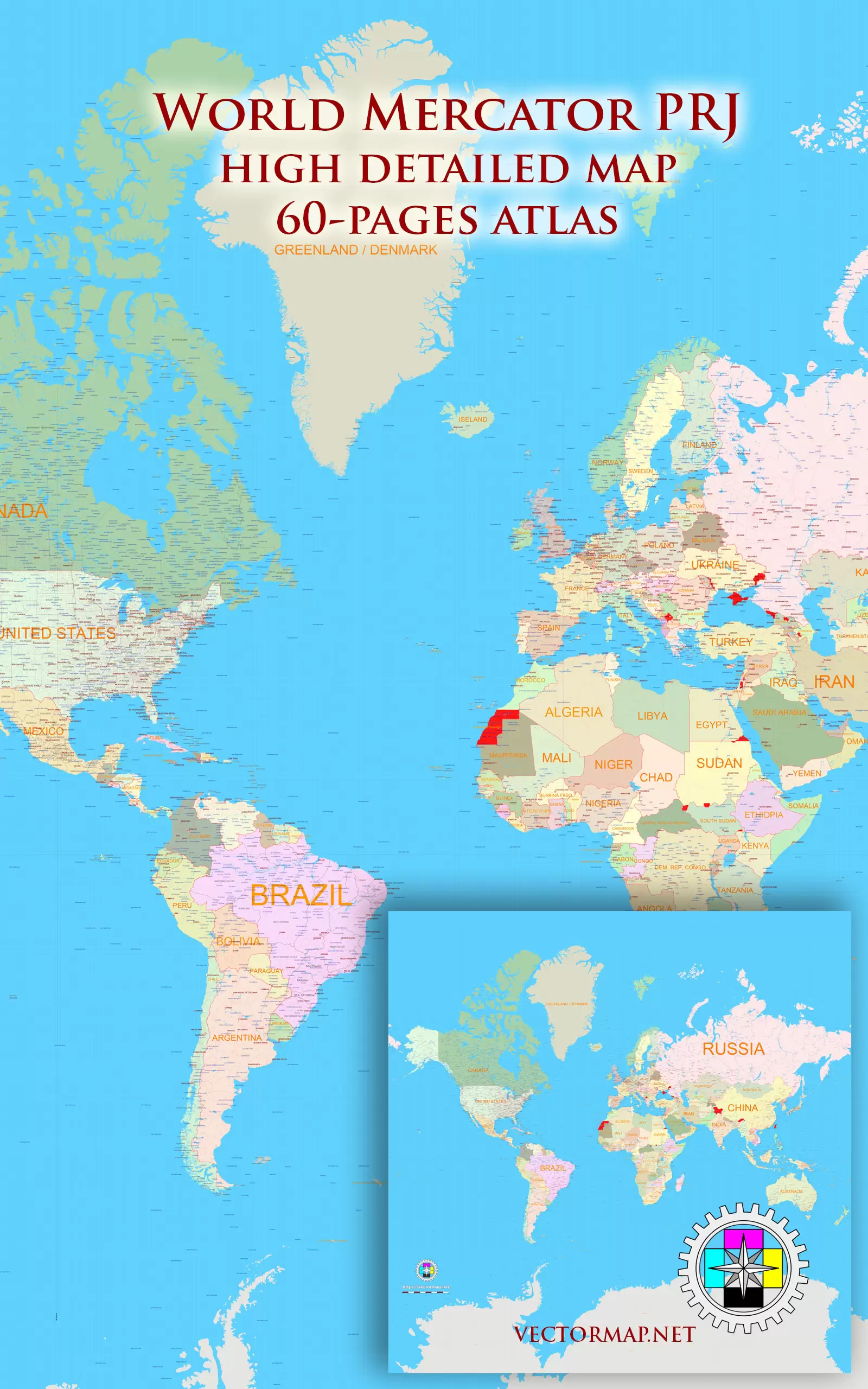 World Mercator Projection Detailed Road Map multi-page atlas, contains 60 pages vector PDF