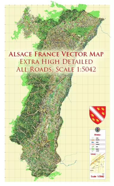 Alsace France Vector Map exact extra detailed All Roads Cities Towns map editable Layered Adobe Illustrator