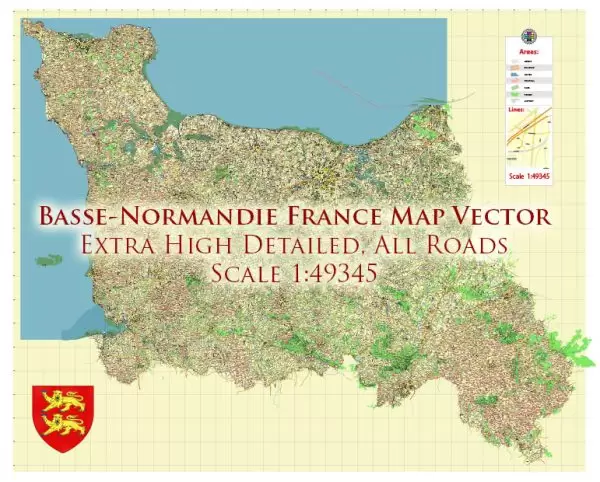 Basse-Normandie France Vector Map exact extra detailed All Roads Cities Towns map editable Layered Adobe Illustrator
