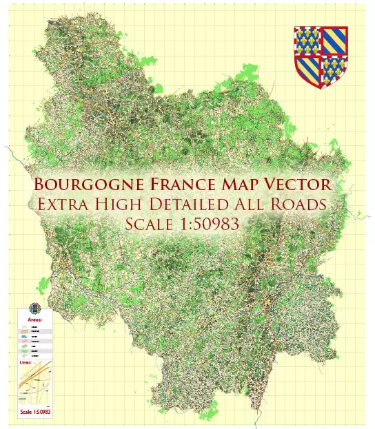Bourgogne France Vector Map exact extra detailed All Roads Cities Towns map editable Layered Adobe Illustrator