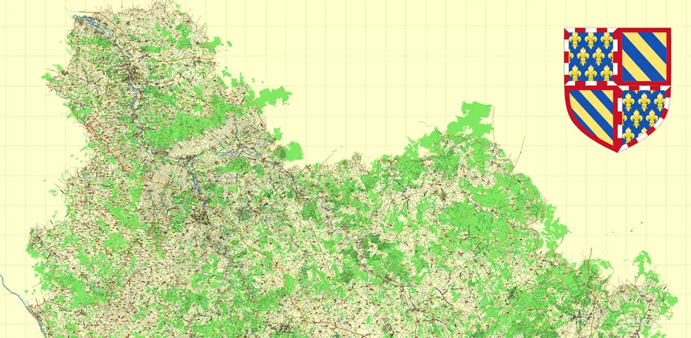 Bourgogne France Vector Map exact extra detailed All Roads Cities Towns map editable Layered Adobe Illustrator