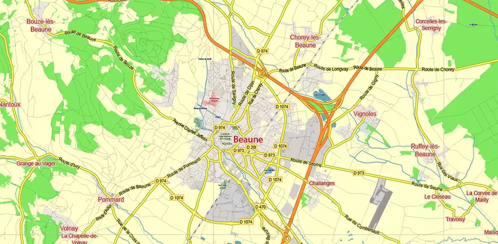 Bourgogne France Vector Map exact extra detailed All Roads Cities Towns map editable Layered Adobe Illustrator
