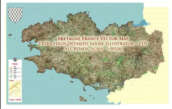 Bretagne France Vector Map exact extra detailed All Roads Cities Towns map editable Layered Adobe Illustrator