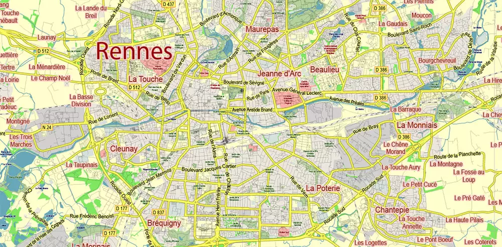 Bretagne France PDF Vector Map exact extra detailed All Roads Cities Towns map editable Layered Adobe PDF