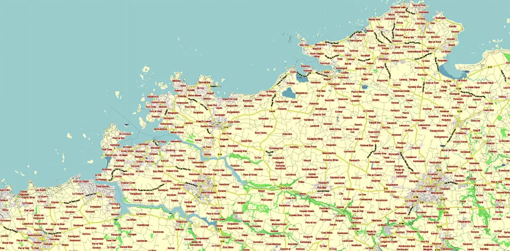 Bretagne France PDF Vector Map exact extra detailed All Roads Cities Towns map editable Layered Adobe PDF