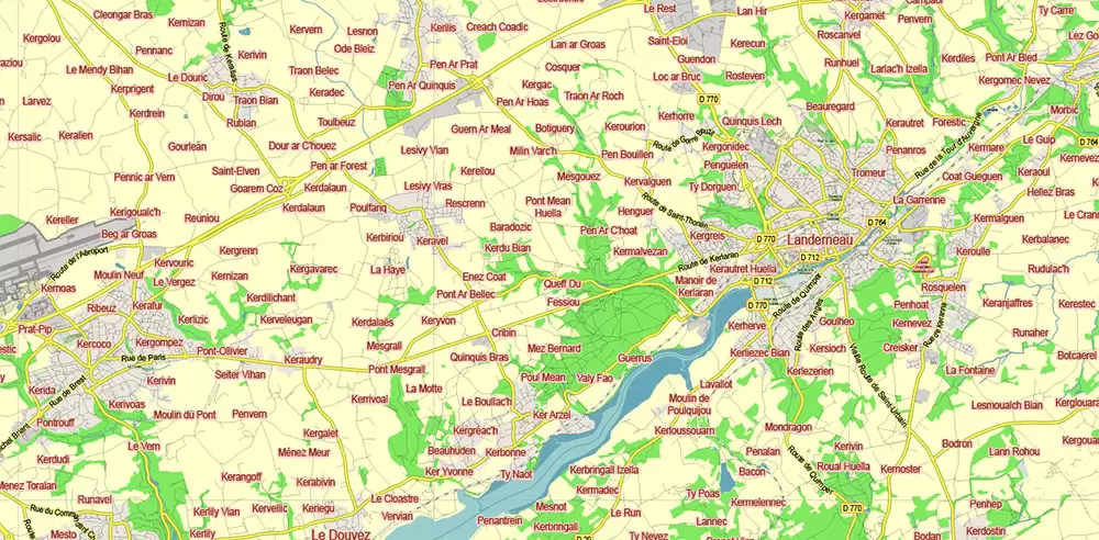 Bretagne France PDF Vector Map exact extra detailed All Roads Cities Towns map editable Layered Adobe PDF