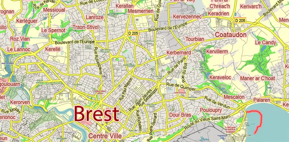 Bretagne France PDF Vector Map exact extra detailed All Roads Cities Towns map editable Layered Adobe PDF