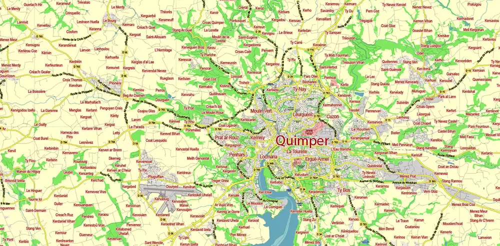 Bretagne France PDF Vector Map exact extra detailed All Roads Cities Towns map editable Layered Adobe PDF