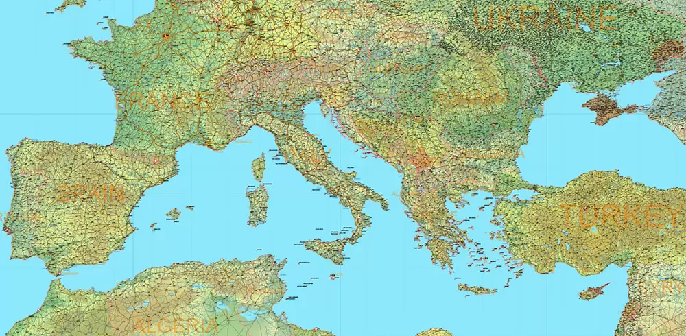 Europe Mercator Projection Political + Relief Vector Map High detailed fully editable, Adobe Illustrator