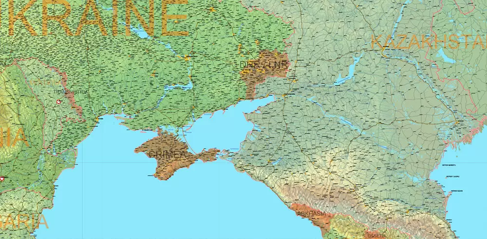 Europe Mercator Projection Political + Relief Vector Map High detailed fully editable, Adobe Illustrator