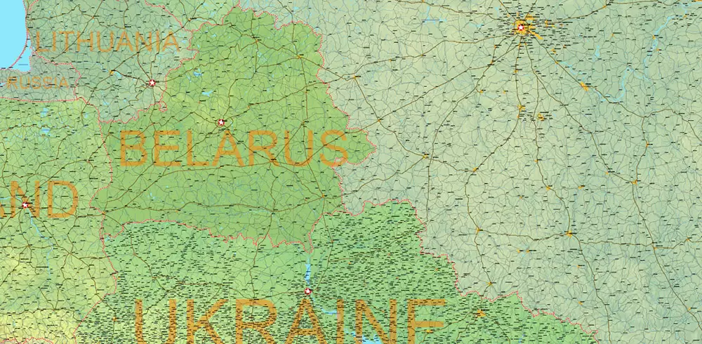 Europe Mercator Projection Political + Relief Vector Map High detailed fully editable, Adobe Illustrator