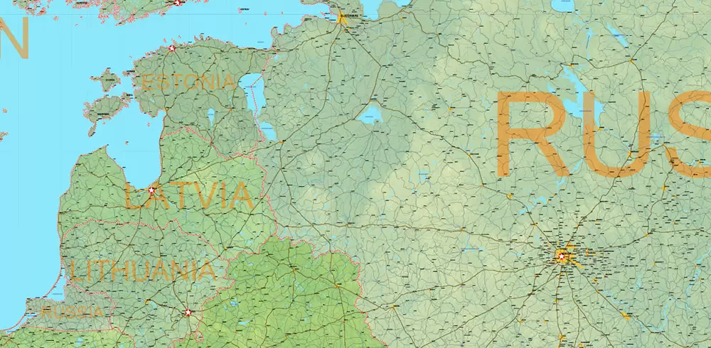 Europe Mercator Projection Political + Relief Vector Map High detailed fully editable, Adobe Illustrator