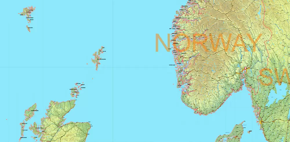 Europe Mercator Projection Political + Relief Vector Map High detailed fully editable, Adobe Illustrator