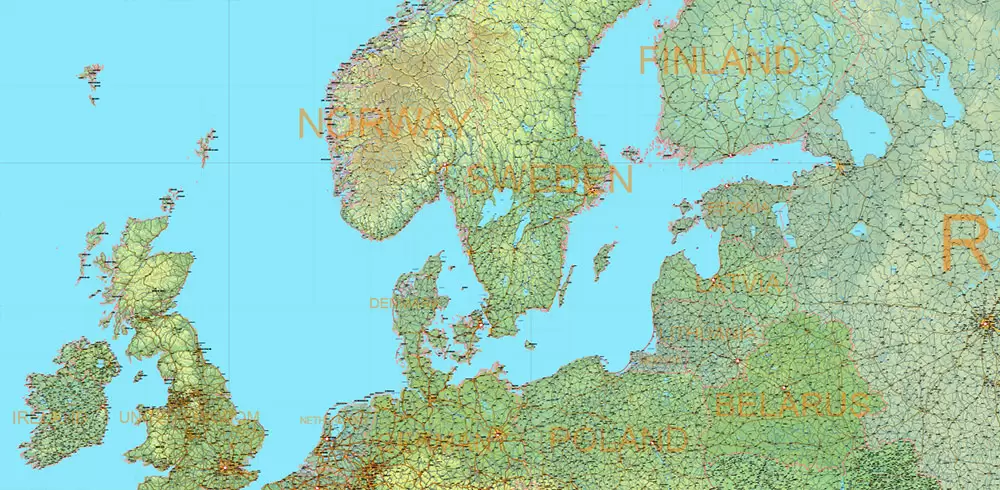Europe Mercator Projection Political + Relief Vector Map High detailed fully editable, Adobe Illustrator