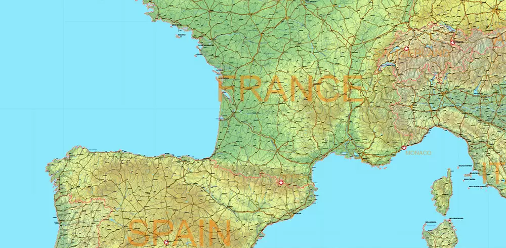 Europe Mercator Projection Political + Relief Vector Map High detailed fully editable, Adobe Illustrator