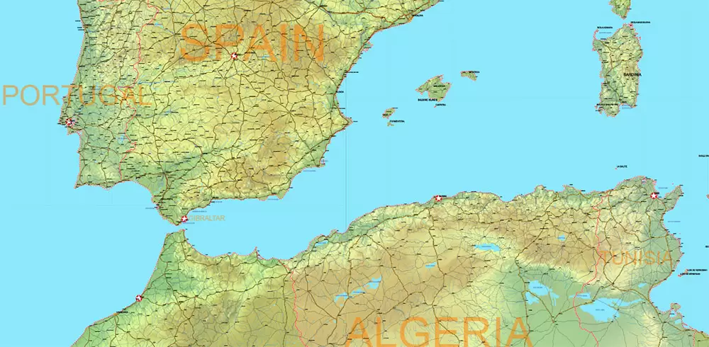 Europe Mercator Projection Political + Relief Vector Map High detailed fully editable, Adobe Illustrator