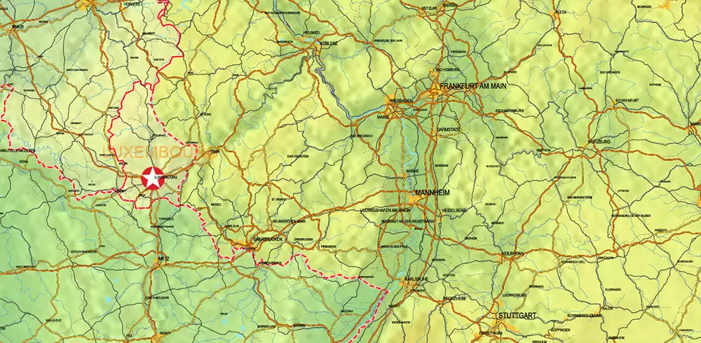 Europe Mercator Projection Political + Relief Vector Map High detailed fully editable, Adobe Illustrator