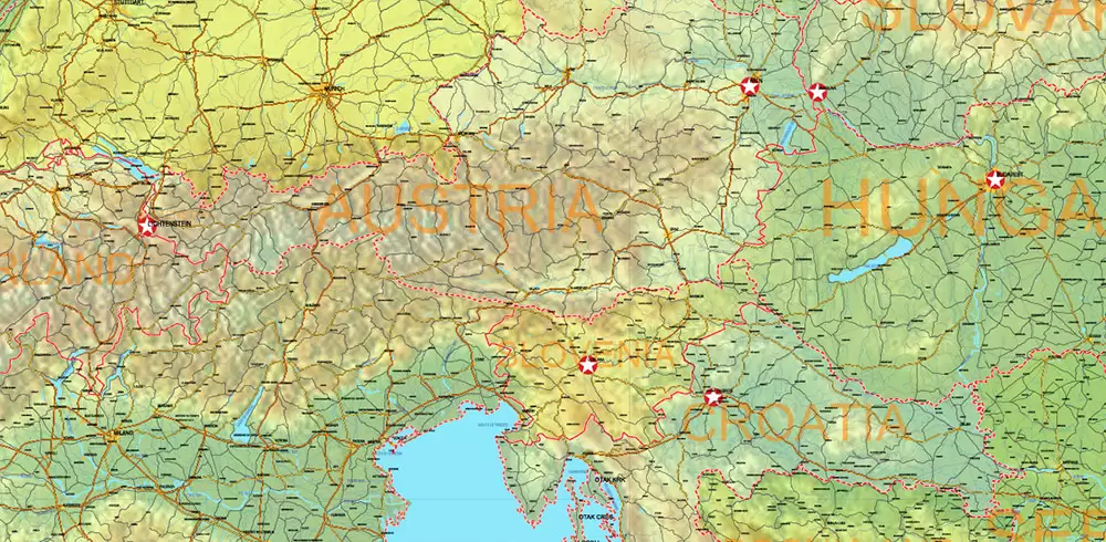Europe Mercator Projection Political + Relief Vector Map High detailed fully editable, Adobe Illustrator