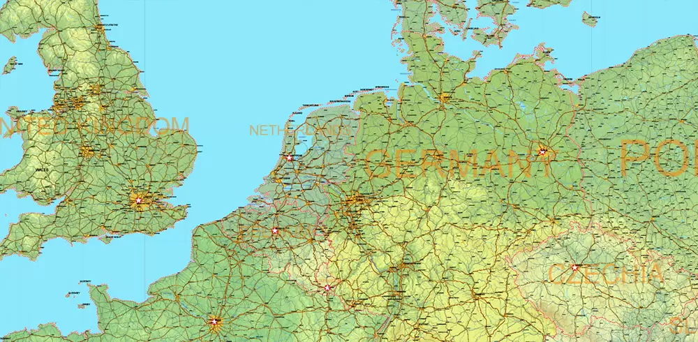 Europe Mercator Projection Political + Relief Vector Map High detailed fully editable, Adobe Illustrator