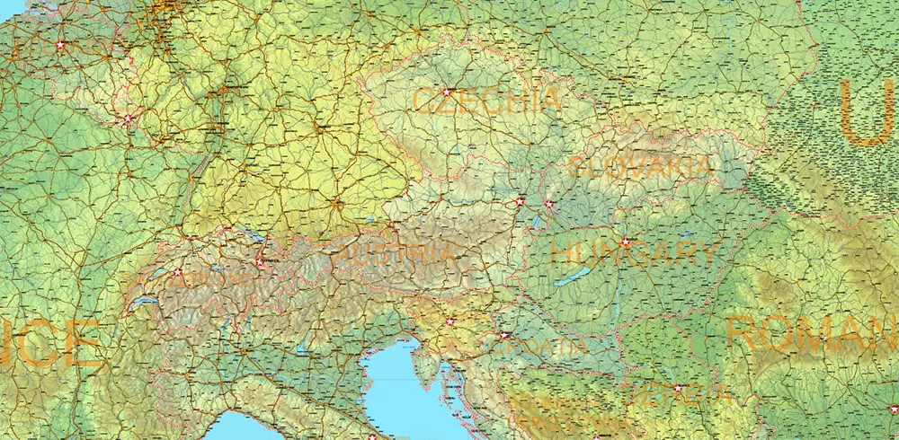 Europe Mercator Projection Political + Relief Vector Map High detailed fully editable, Adobe Illustrator