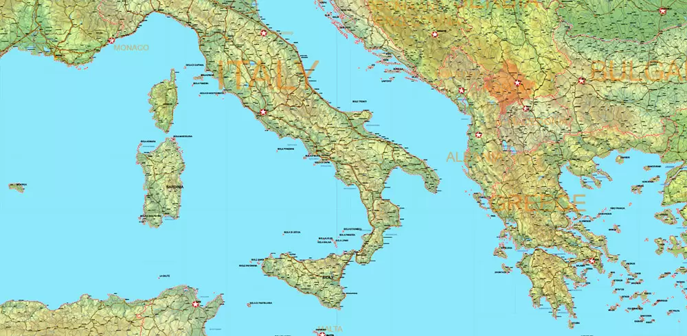 Europe Mercator Projection Political + Relief Vector Map High detailed fully editable, Adobe Illustrator