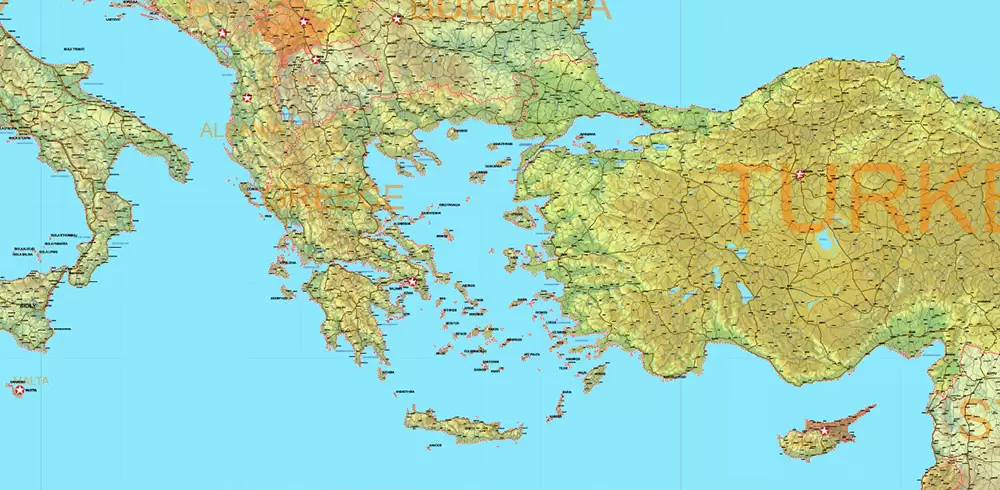 Europe Mercator Projection Political + Relief Vector Map High detailed fully editable, Adobe Illustrator