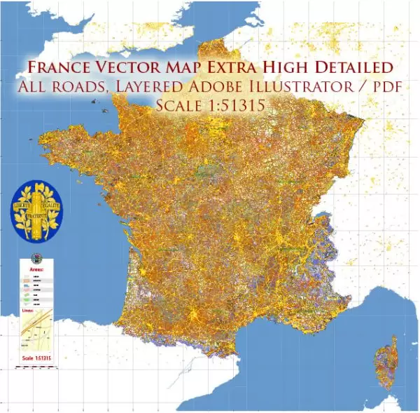 France Vector Map Extra High detailed All Roads, fully editable Layered Adobe Illustrator