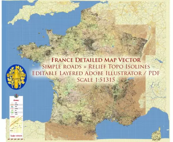 France Projection Political + Relief Topo Isolines Vector Map High detailed fully editable, Adobe Illustrator