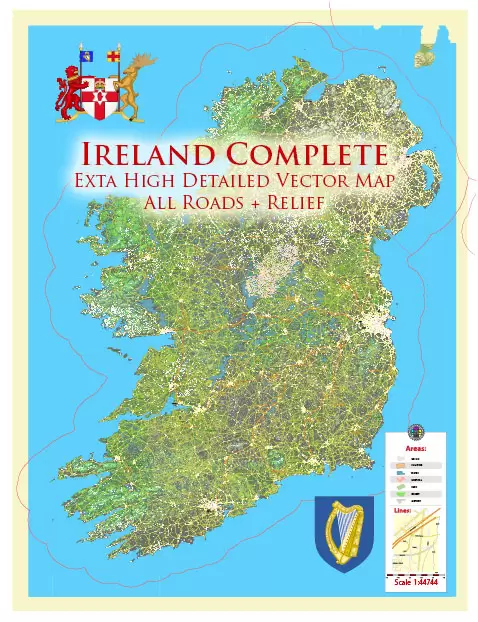 Ireland Full High Detailed Vector Map All Roads + Relief Editable Layered Adobe Illustrator