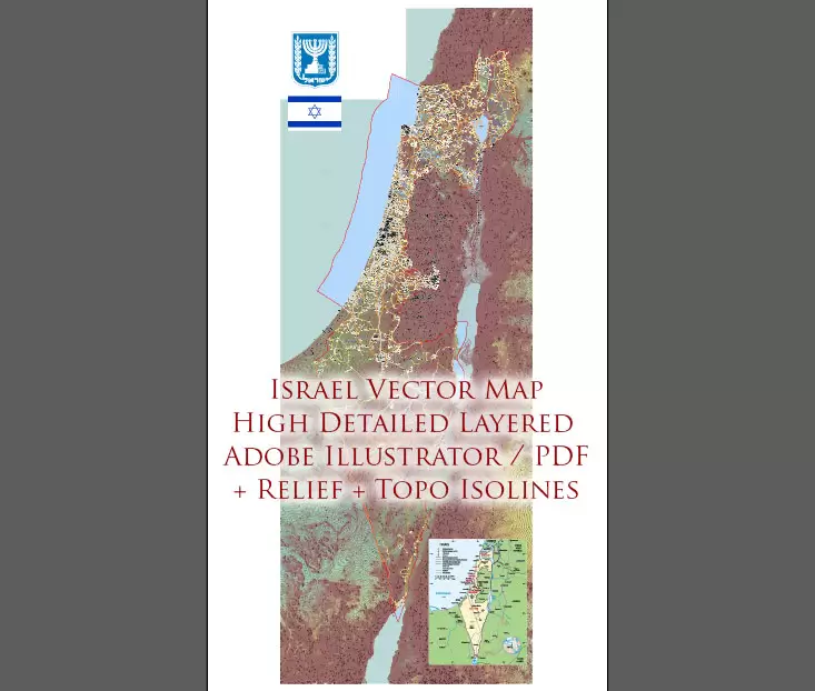 Israel Extra High Detailed vector map - admin aread, roads, relief, topo isolines Adobe Illustrator