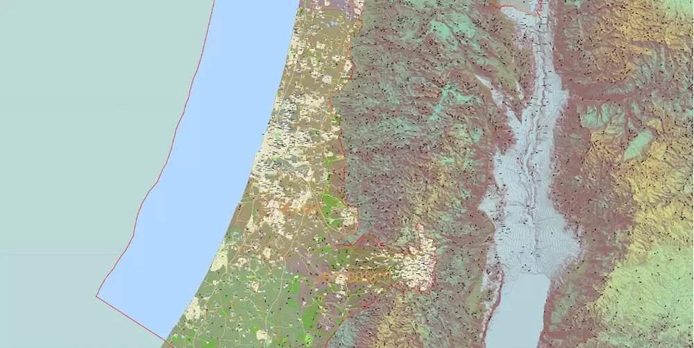 Israel Extra High Detailed vector map - admin aread, roads, relief, topo isolines Adobe Illustrator