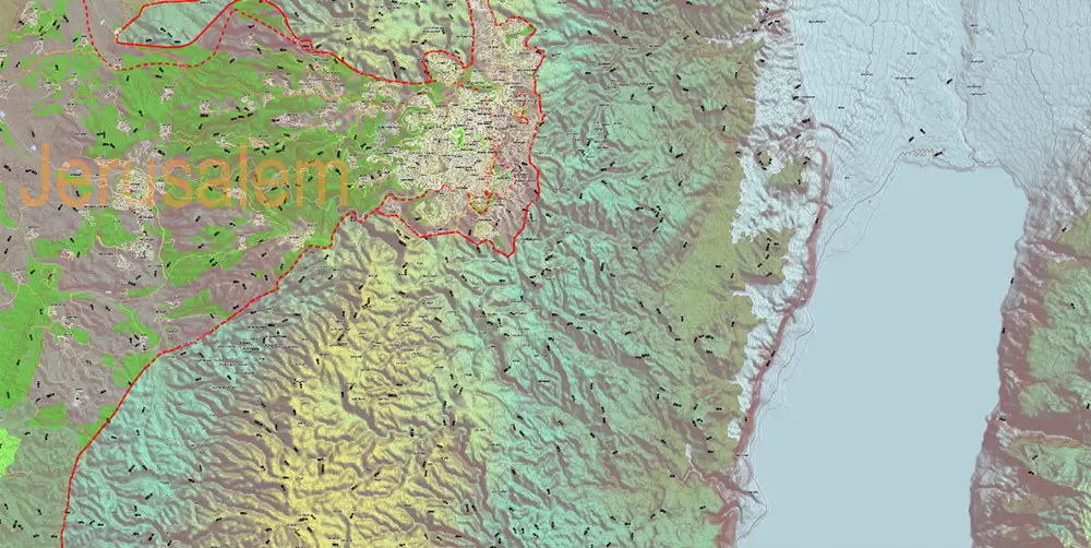 Israel Extra High Detailed vector map - admin aread, roads, relief, topo isolines Adobe Illustrator