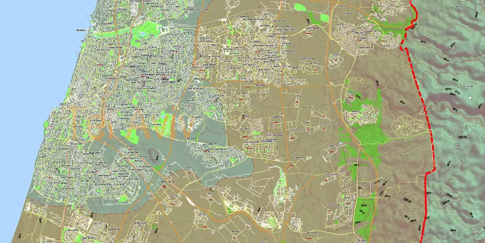 Israel Extra High Detailed vector map - admin aread, roads, relief, topo isolines Adobe Illustrator